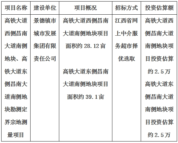 景德鎮(zhèn)市高鐵大道西側(cè)昌南大道南側(cè)地塊、高鐵大道東側(cè)昌南大道南側(cè)地塊勘測定界宗地測量項目計劃公告
