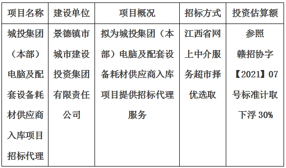城投集團（本部）電腦及配套設(shè)備耗材供應(yīng)商入庫項目招標代理計劃公告