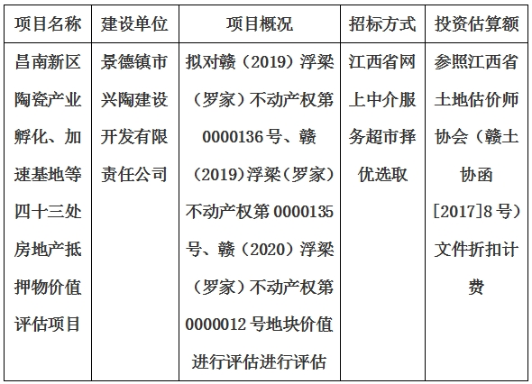 昌南新區(qū)陶瓷產(chǎn)業(yè)孵化、加速基地等四十三處房地產(chǎn)抵押物價(jià)值評(píng)估單位選取計(jì)劃公告