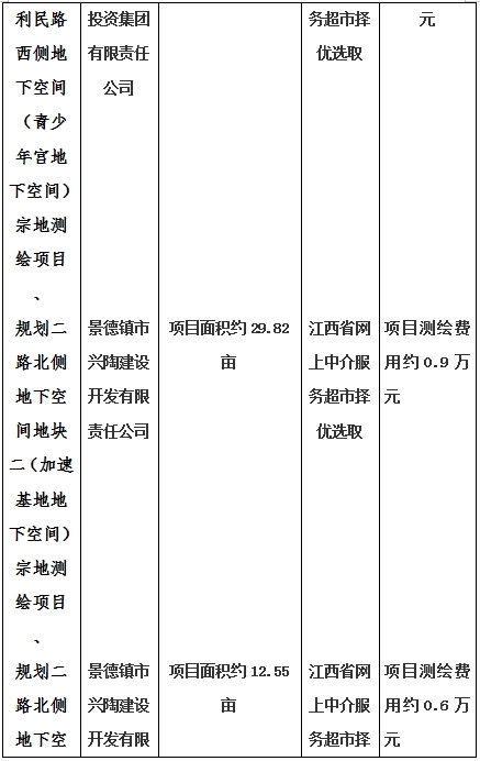景德鎮(zhèn)市昌南新區(qū)LJ1-03-A01-1地塊、瓷都大道東側(cè)中渡口地下空間（格蘭云天大酒店地下空間）、光明大道北側(cè)利民路西側(cè)地下空間（青少年宮地下空間）、規(guī)劃二路北側(cè)地下空間地塊二（加速基地地下空間）、規(guī)劃二路北側(cè)地下空間地塊一（加速基地地下空間）、景德大道南側(cè)天寶橋西側(cè)地塊、景興大道東側(cè)如意路北側(cè)地下空間(社會(huì)公共服務(wù)