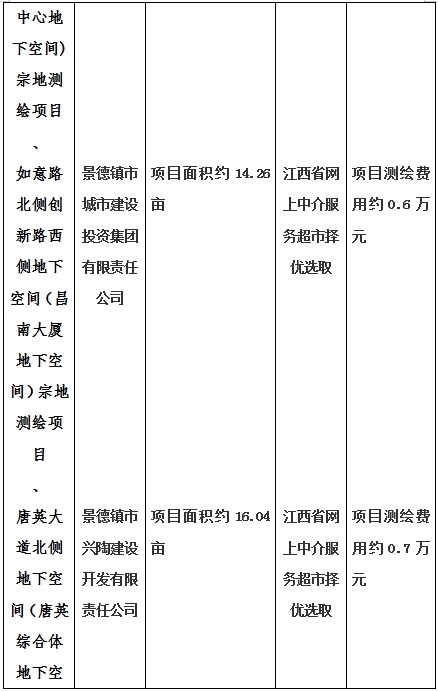 景德鎮(zhèn)市昌南新區(qū)LJ1-03-A01-1地塊、瓷都大道東側(cè)中渡口地下空間（格蘭云天大酒店地下空間）、光明大道北側(cè)利民路西側(cè)地下空間（青少年宮地下空間）、規(guī)劃二路北側(cè)地下空間地塊二（加速基地地下空間）、規(guī)劃二路北側(cè)地下空間地塊一（加速基地地下空間）、景德大道南側(cè)天寶橋西側(cè)地塊、景興大道東側(cè)如意路北側(cè)地下空間(社會(huì)公共服務(wù)