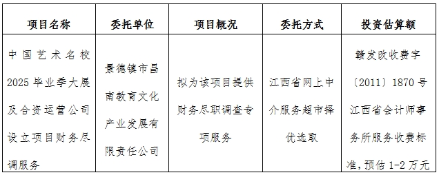 中國藝術名校2025畢業(yè)季大展及合資運營公司設立項目財務盡調(diào)服務計劃公告