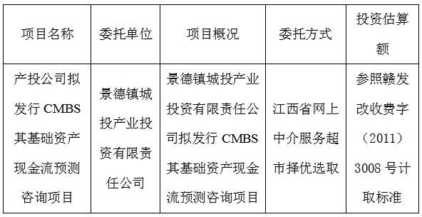 產(chǎn)投公司擬發(fā)行CMBS其基礎(chǔ)資產(chǎn)現(xiàn)金流預(yù)測(cè)咨詢項(xiàng)目計(jì)劃公告